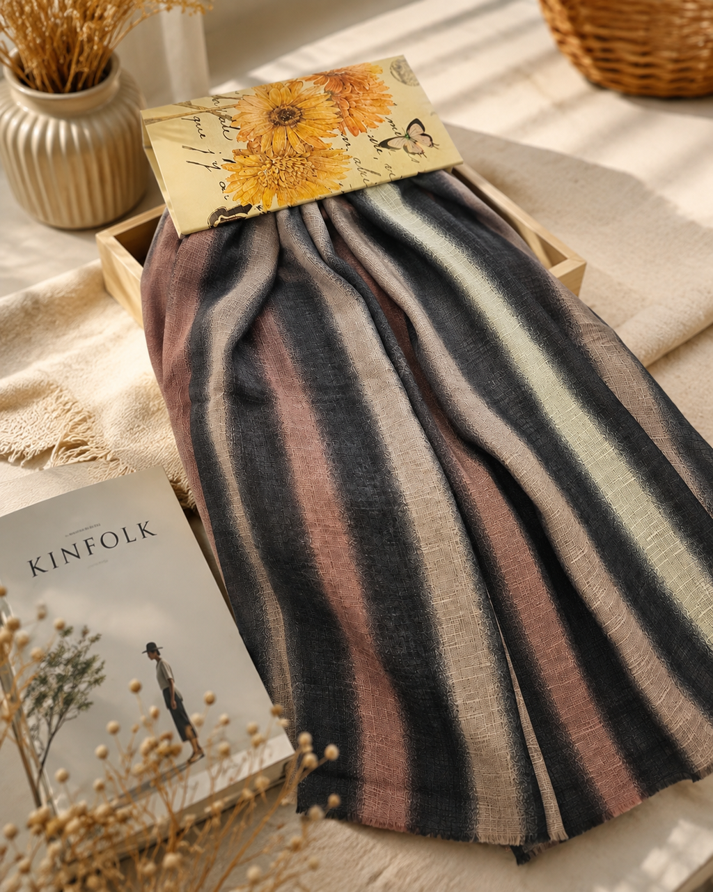 Turkish Textured Printed Lawn - Striped Ombré (Taupe Pink)