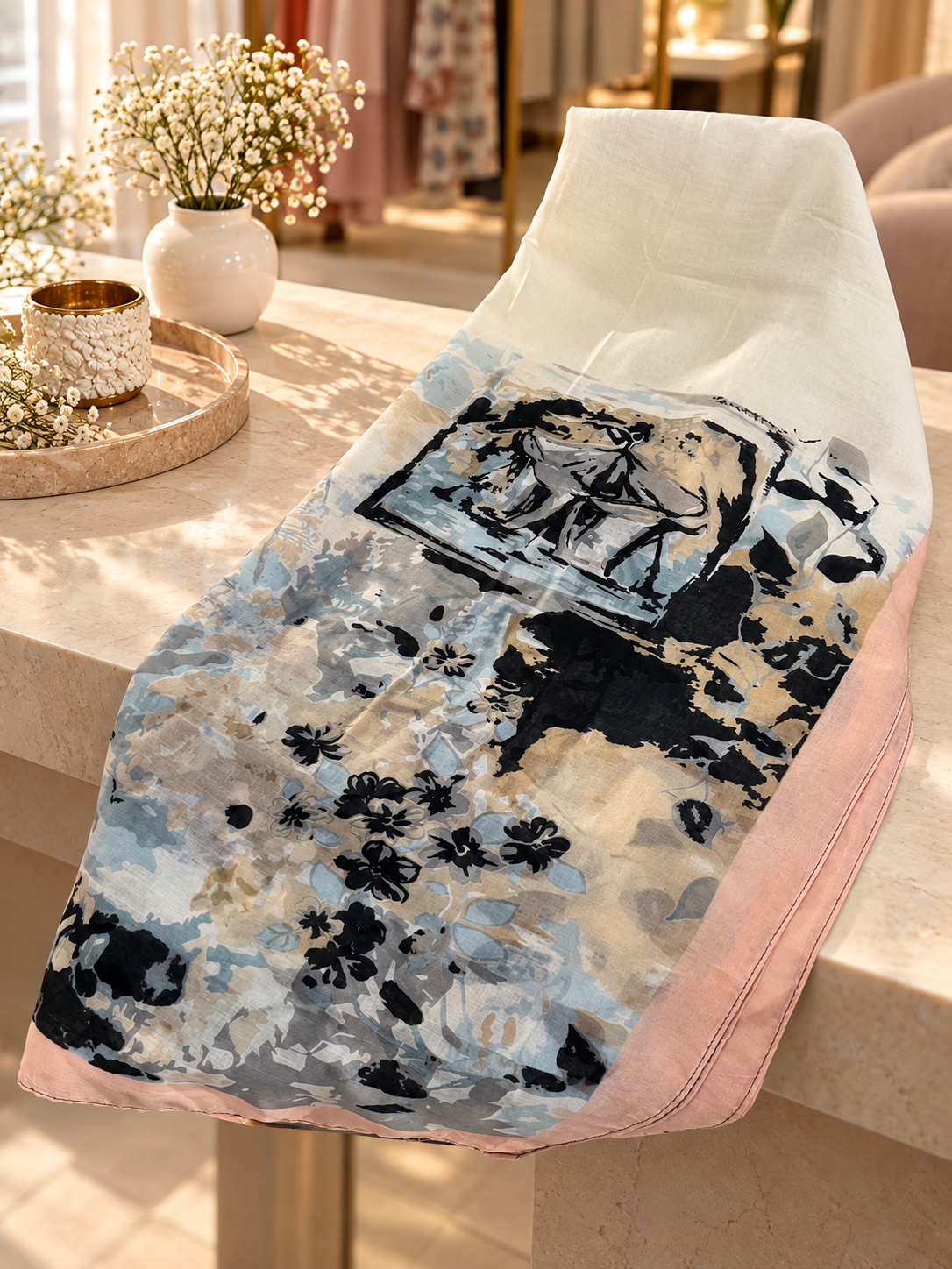 Arabic Lawn Scarf – Abstract Ink Floral Print
