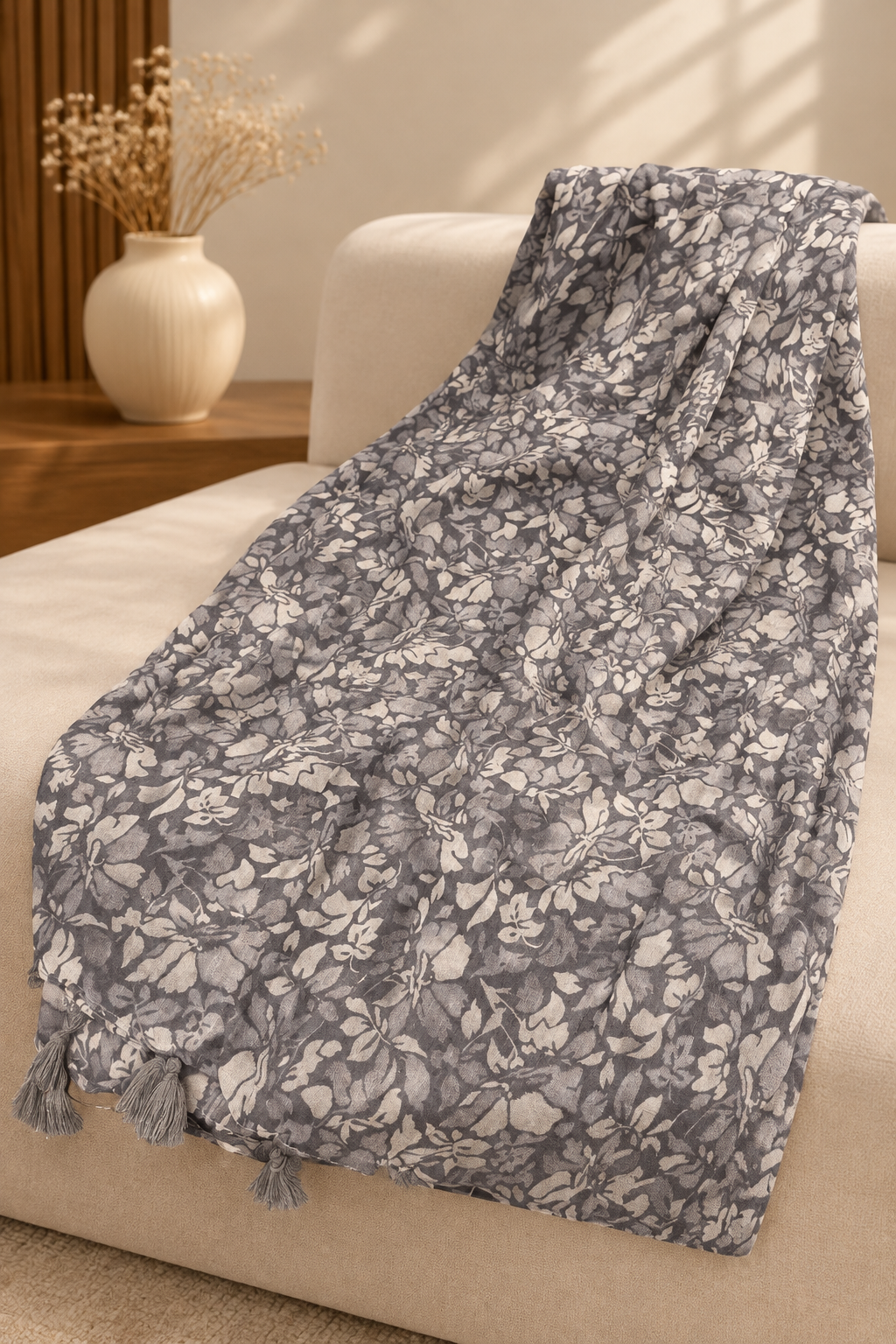 Arabic Lawn Scarf – Grey Floral Print