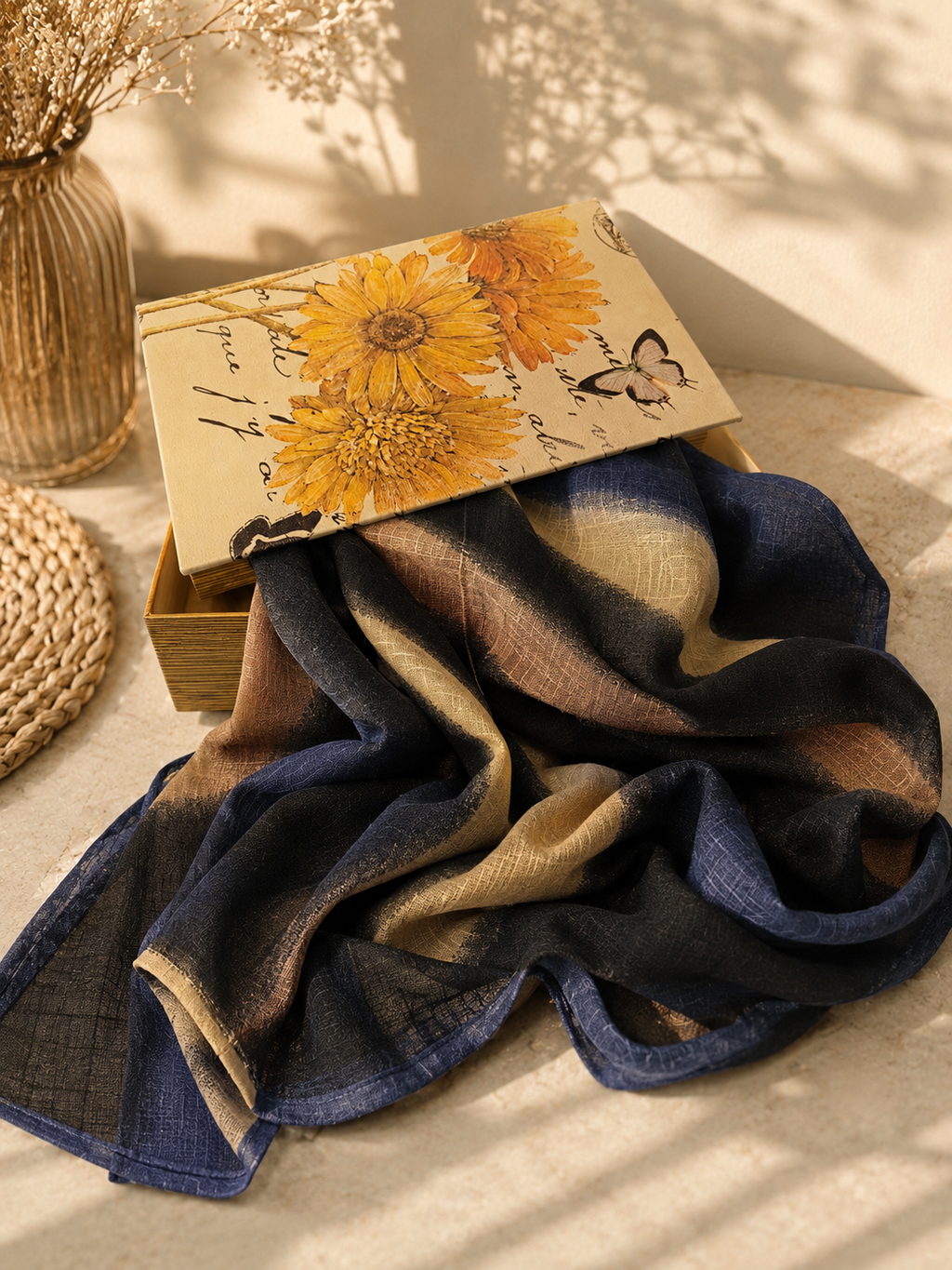 Turkish Textured Printed Lawn - Striped Ombre (Navy, Charcoal & Camel)