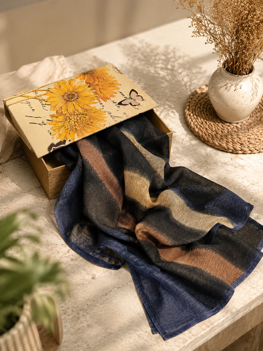 Turkish Textured Printed Lawn - Striped Ombre (Navy, Charcoal & Camel)