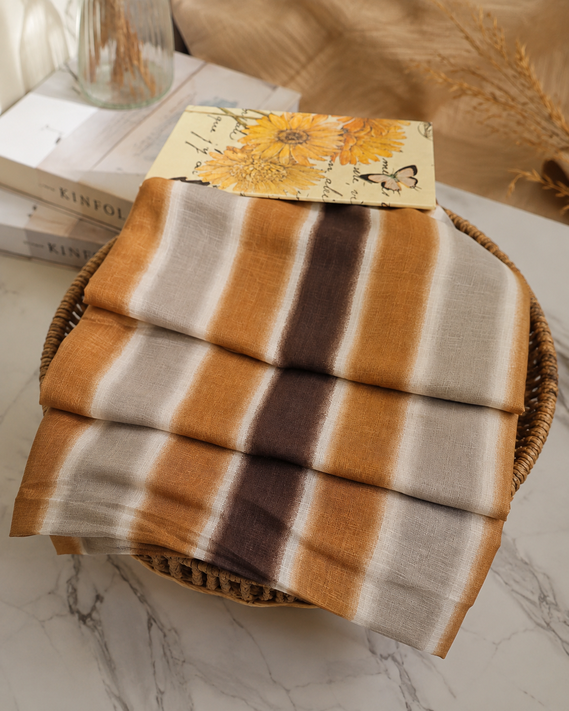 Turkish Textured Printed Lawn - Striped Ombré (Rust, Brown & Grey)