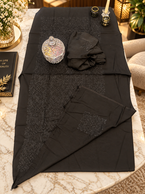 Black Hand Embroidered Cotton Lawn 3 Piece Unstitched Suit Ciyaab
