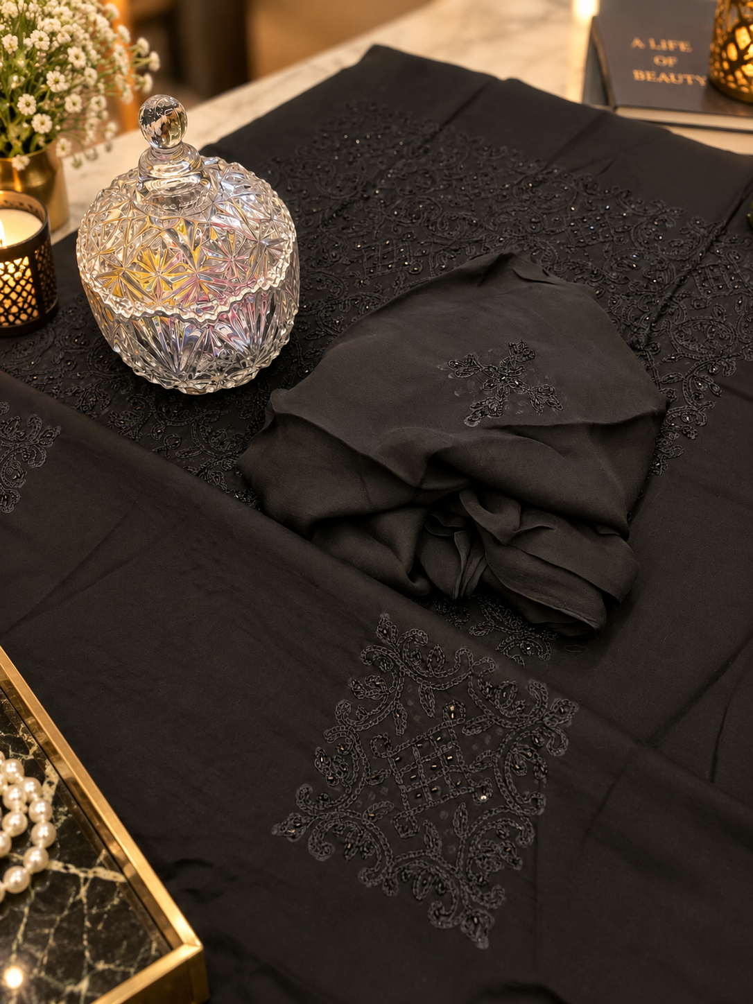 Black Hand Embroidered Cotton Lawn 3 Piece Unstitched Suit Ciyaab