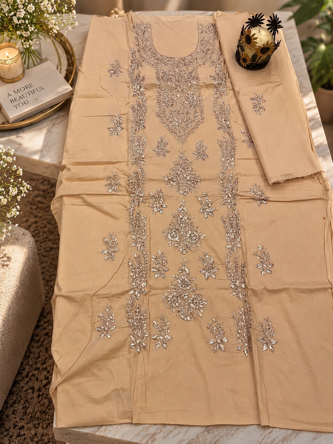 Peach Beige Hand Embroidered Cotton Lawn 3 Piece Unstitched Suit Ciyaab