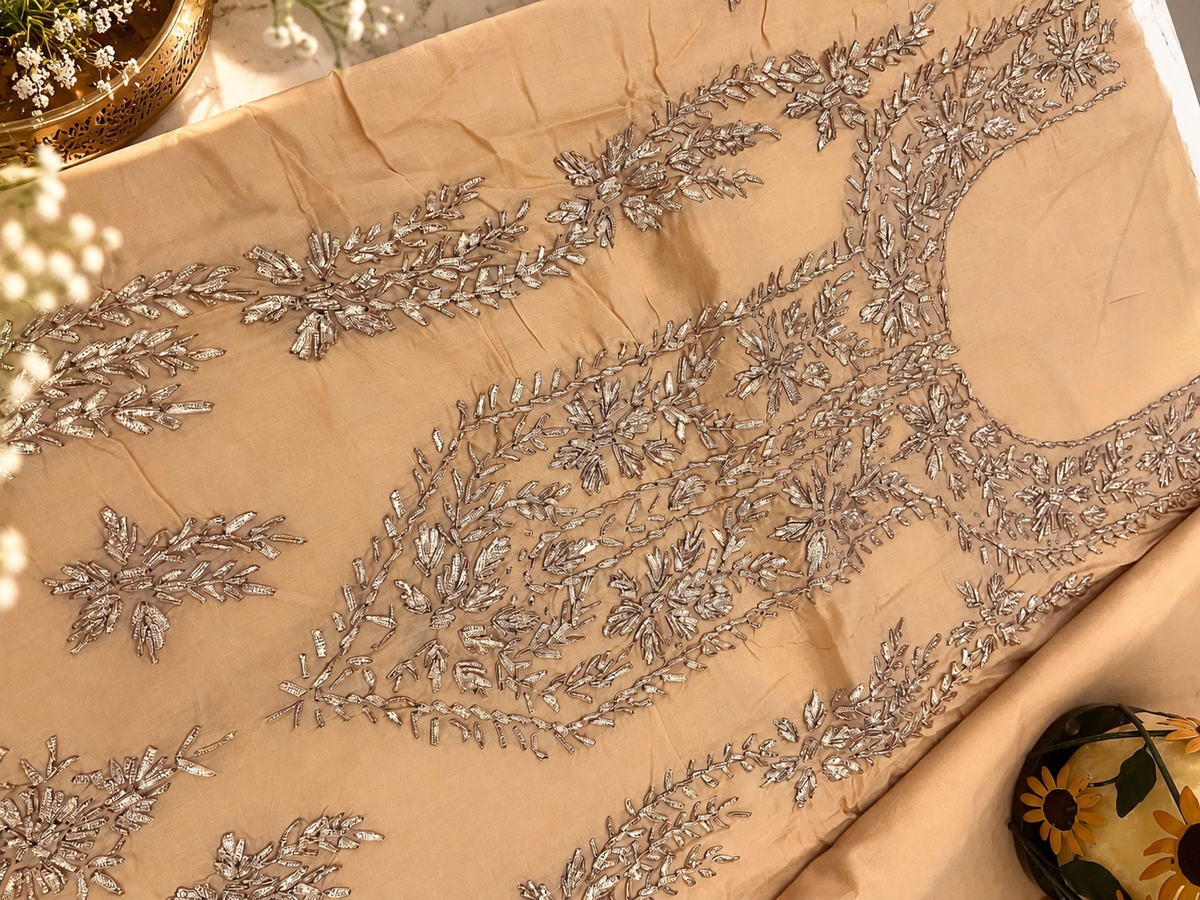 Peach Beige Hand Embroidered Cotton Lawn 3 Piece Unstitched Suit Ciyaab