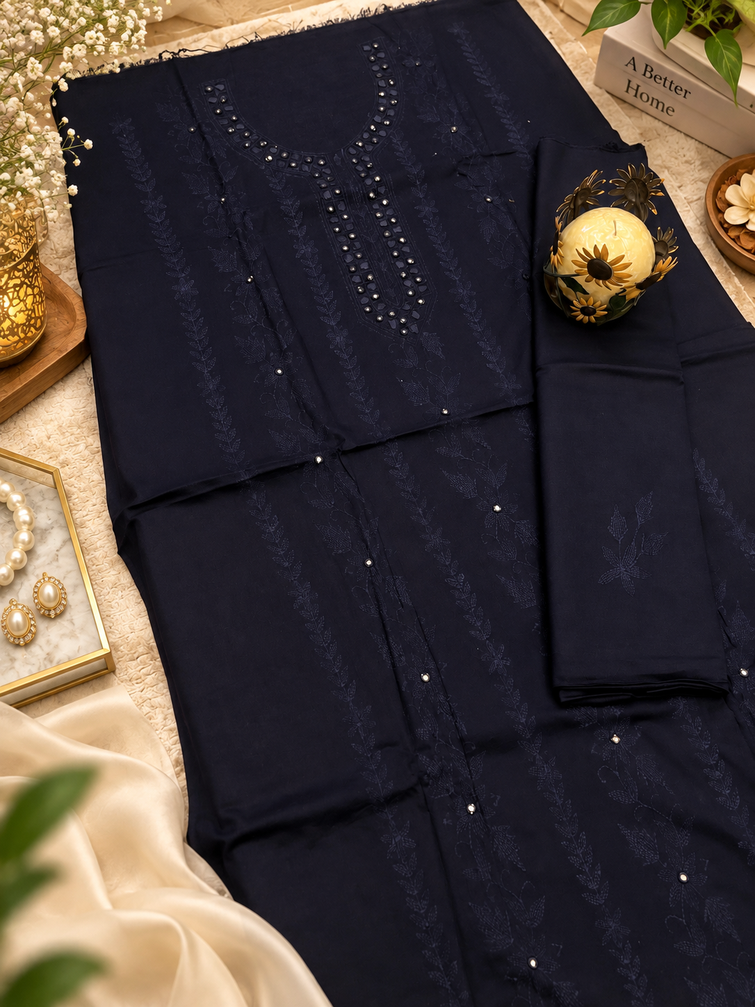 Midnight Navy Hand Embroidered Cotton Lawn 3 Piece Unstitched Suit Ciyaab