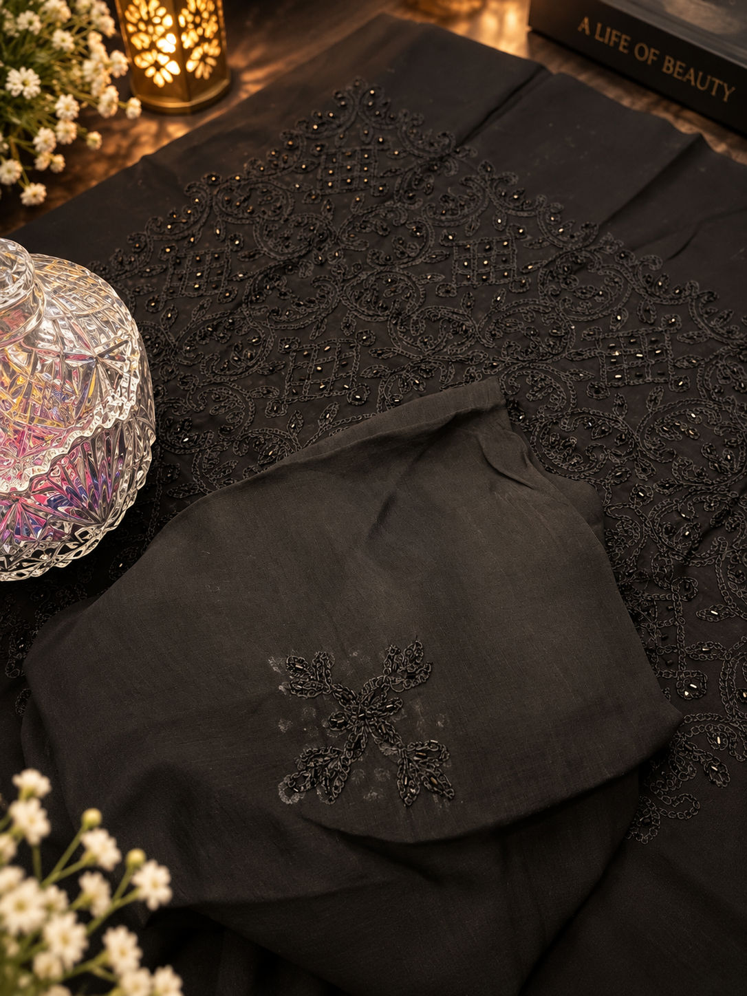 Black Hand Embroidered Cotton Lawn 3 Piece Unstitched Suit Ciyaab