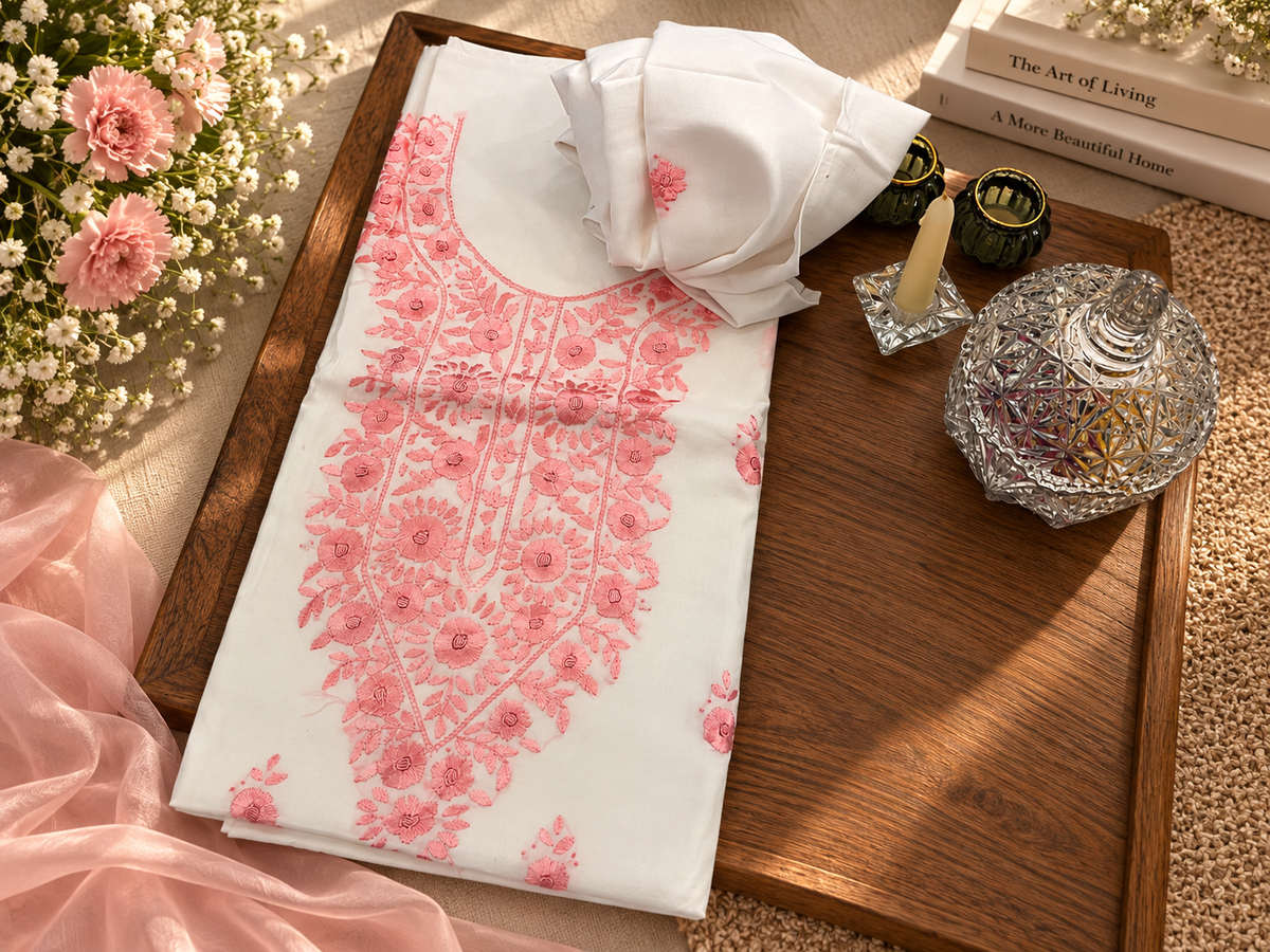 Ivory & Pink Hand Embroidered Cotton Lawn 3 Piece Unstitched Suit Ciyaab