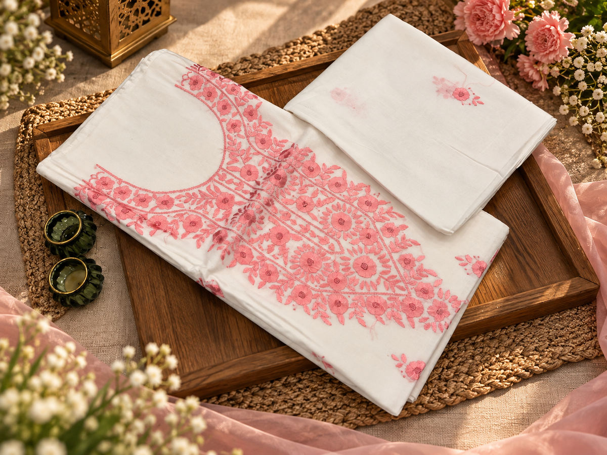 Ivory & Pink Hand Embroidered Cotton Lawn 3 Piece Unstitched Suit Ciyaab