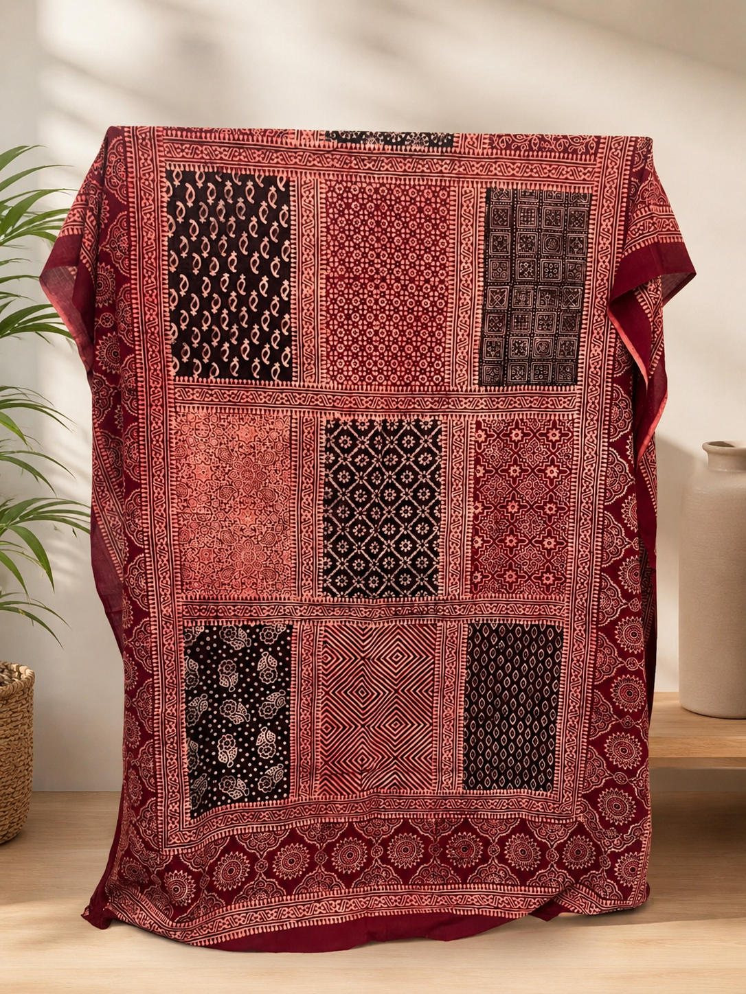 Ciyaab Hand Block Print Lawn Chaadar in Maroon Red