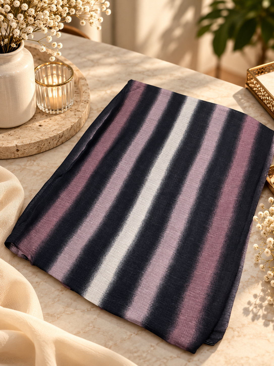 Turkish Textured Printed Lawn - Striped Ombré (Taupe Pink)