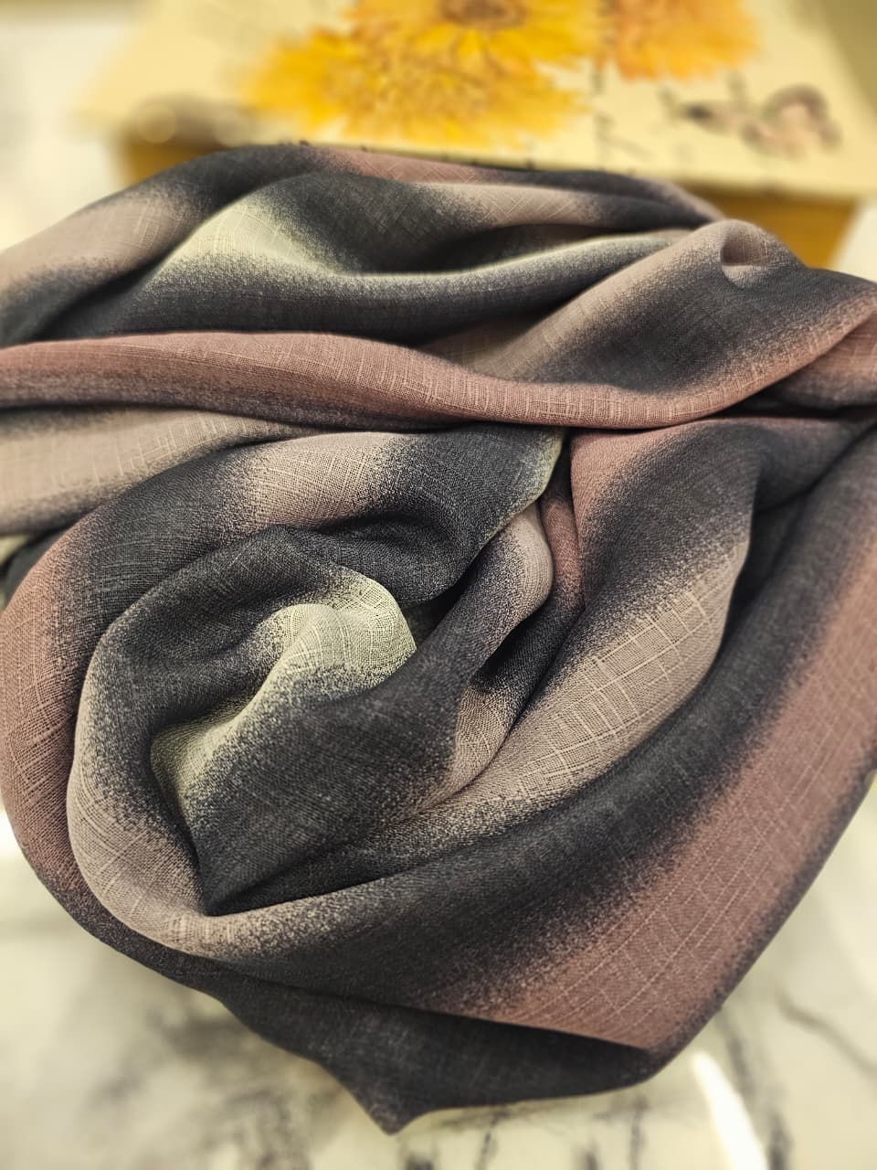 Turkish Textured Printed Lawn - Striped Ombre (Navy, Charcoal & Camel)
