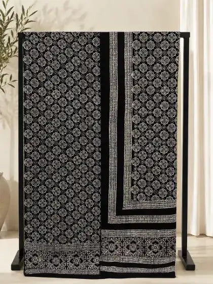 Ciyaab Hand Block Print Lawn 2 Piece suit - Black Ivory White
