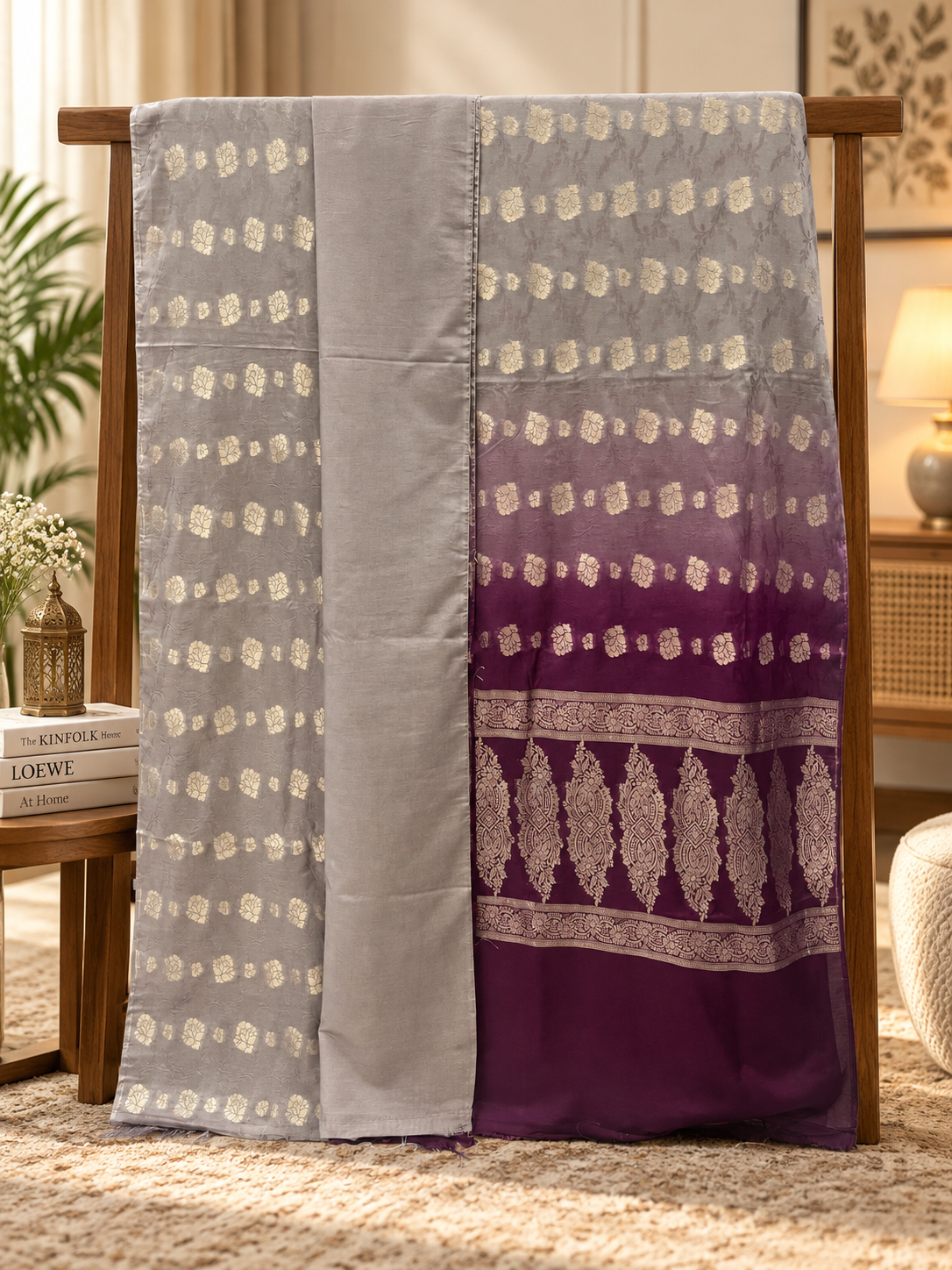 Silver Grey & Deep Plum Cotton Banarsi 3 Piece Unstitched Suit Ciyaab