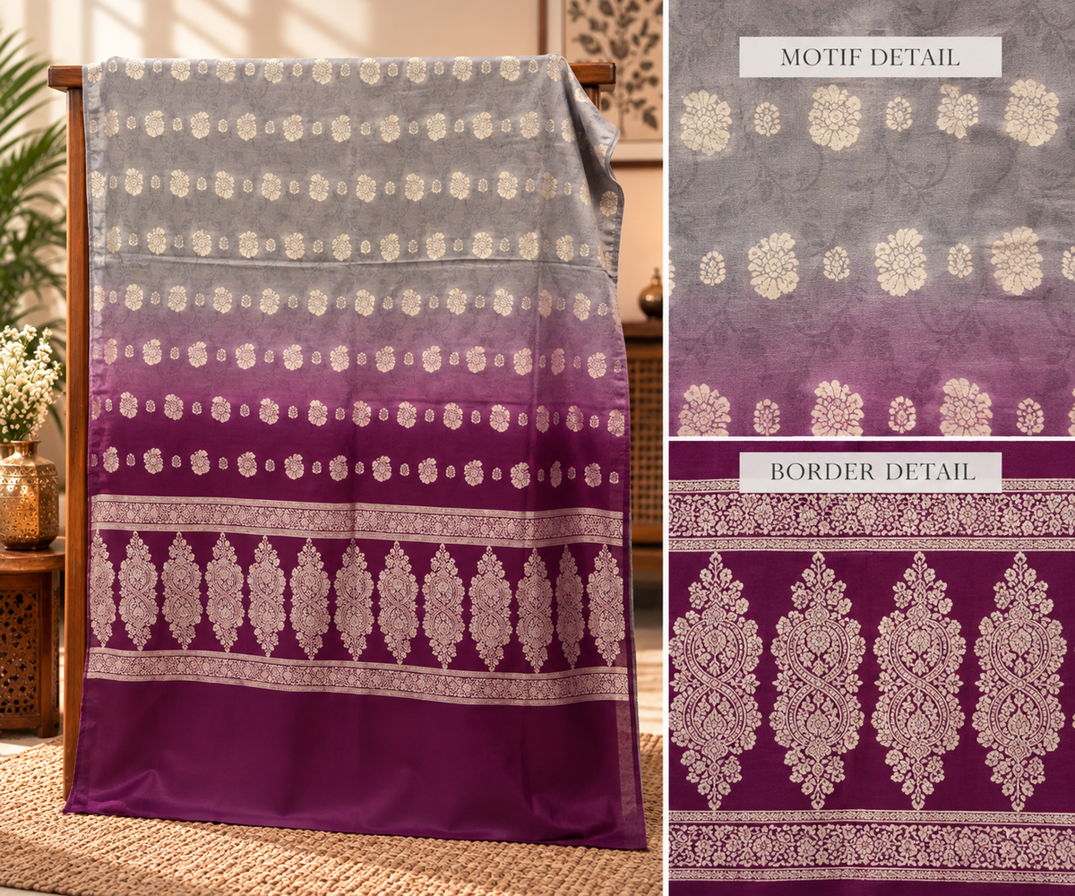 Silver Grey & Deep Plum Cotton Banarsi 3 Piece Unstitched Suit Ciyaab